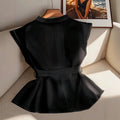 plus size french sleeveless top with stand collar, single button, chest pleat, tie waist, semi-sheer and flowy