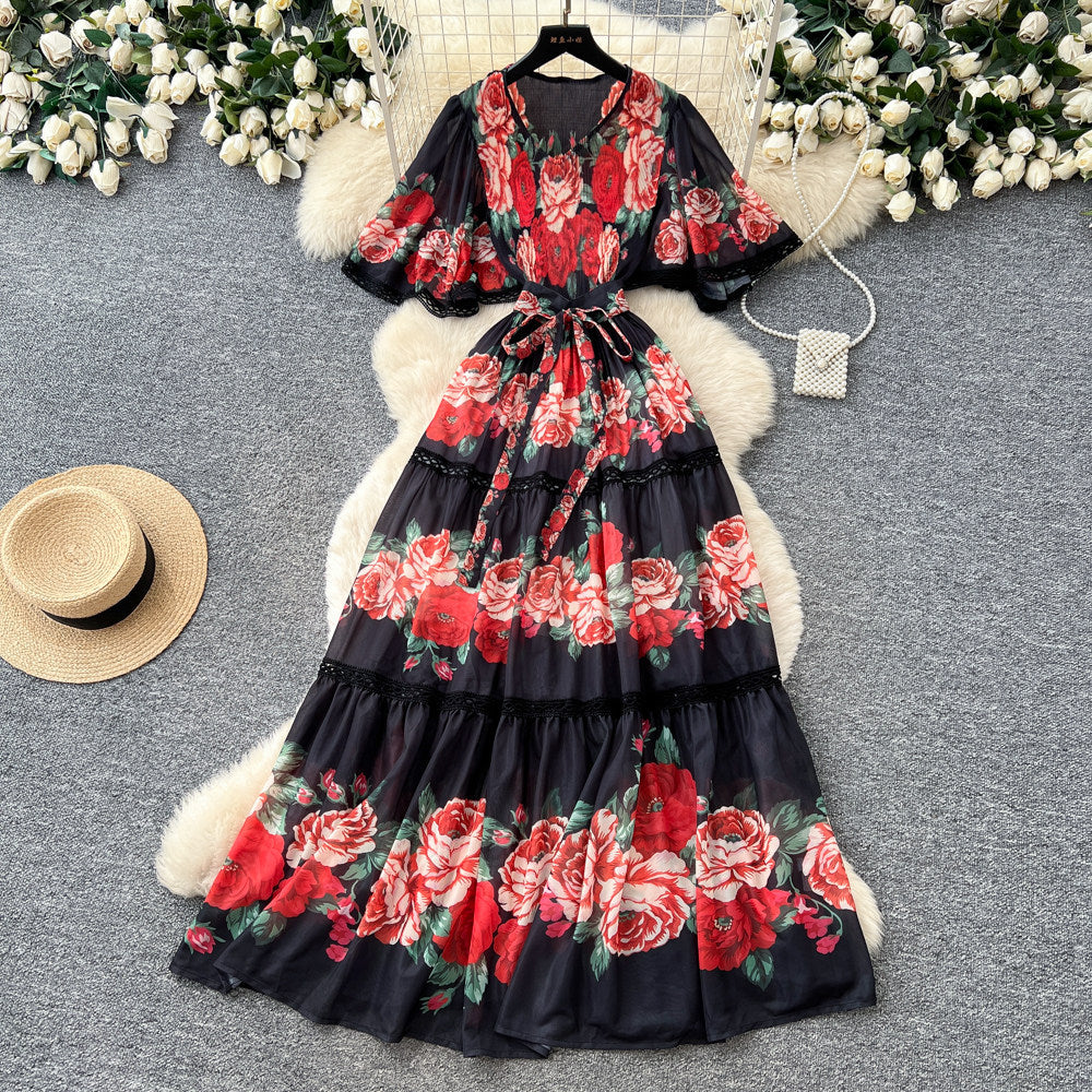 French riviera style printed short-sleeve pleated dress - women's summer v-neck, cinched waist, tie-up maxi dress - high-end, slimming fit