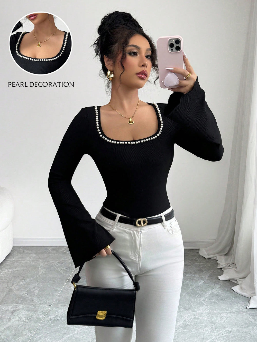 premium black square neck t-shirt for women - pearl embellished flare sleeve slim fit long sleeve top