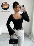 premium black square neck t-shirt for women - pearl embellished flare sleeve slim fit long sleeve top