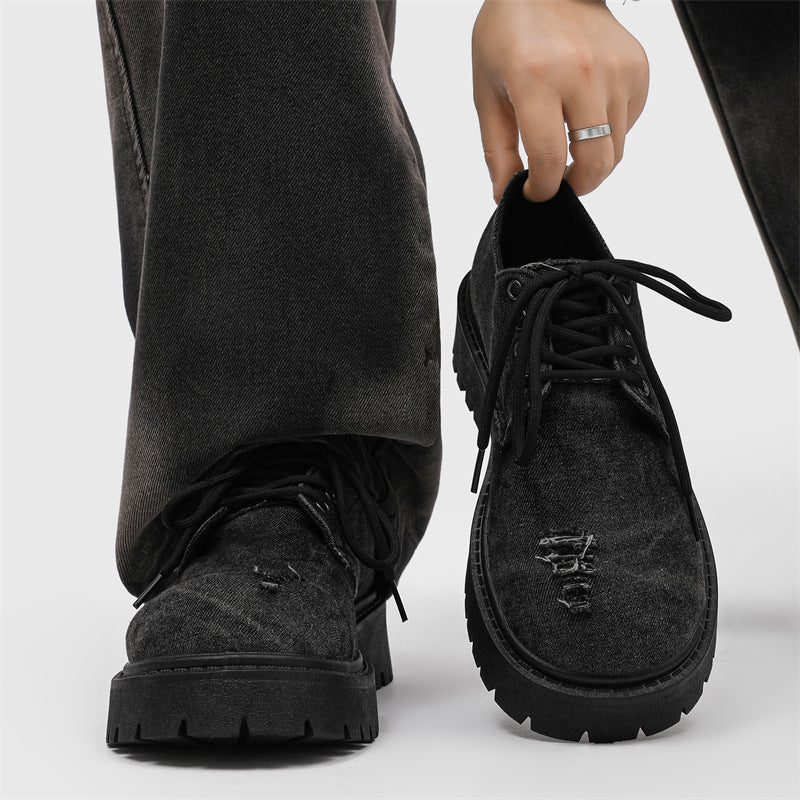 Men's leather shoes springsense of designniche style denim hole derby shoes trendycasualthick sole big toe beggar trendy shoes
