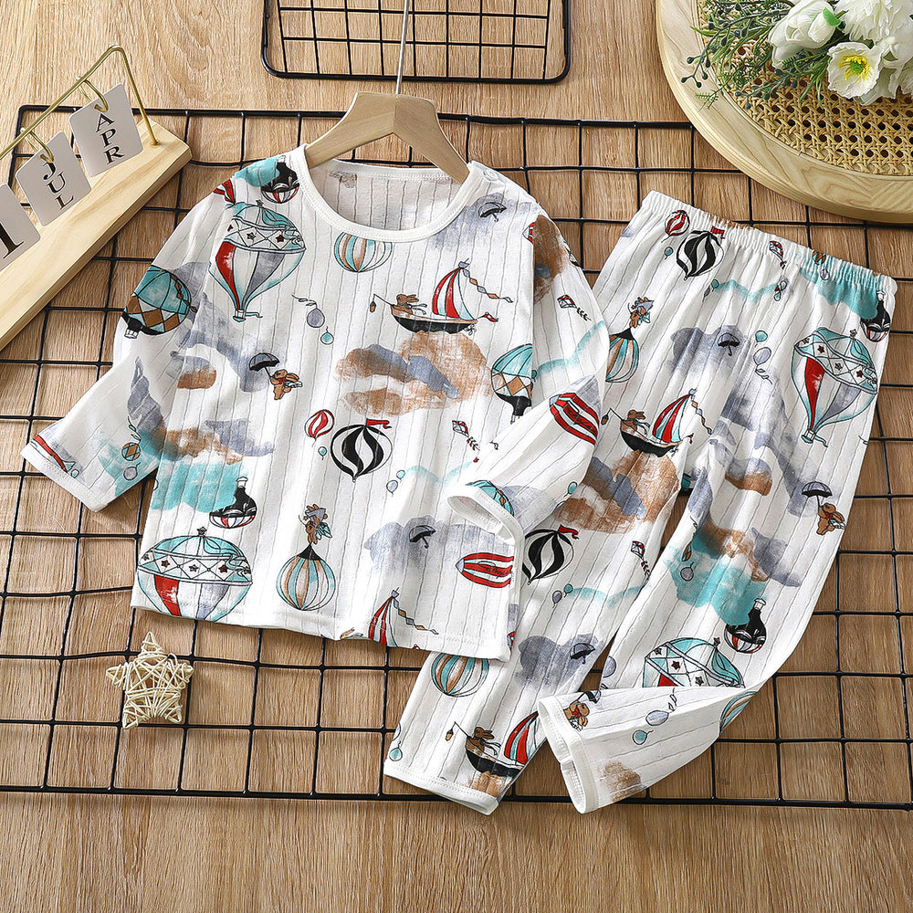 new children's pure cotton pajama set - summer long sleeve sleepwear, lightweight air conditioning suit for boys and girls