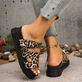 Leopard print platform sandals women's  summer new thick sole european and american style one-strap slippers plus size wedge sandals