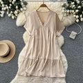 K-stylev neck short-sleeved casualelegantdress women's summercasuallooseslimming look flesh-covering a-line skirt work clothing