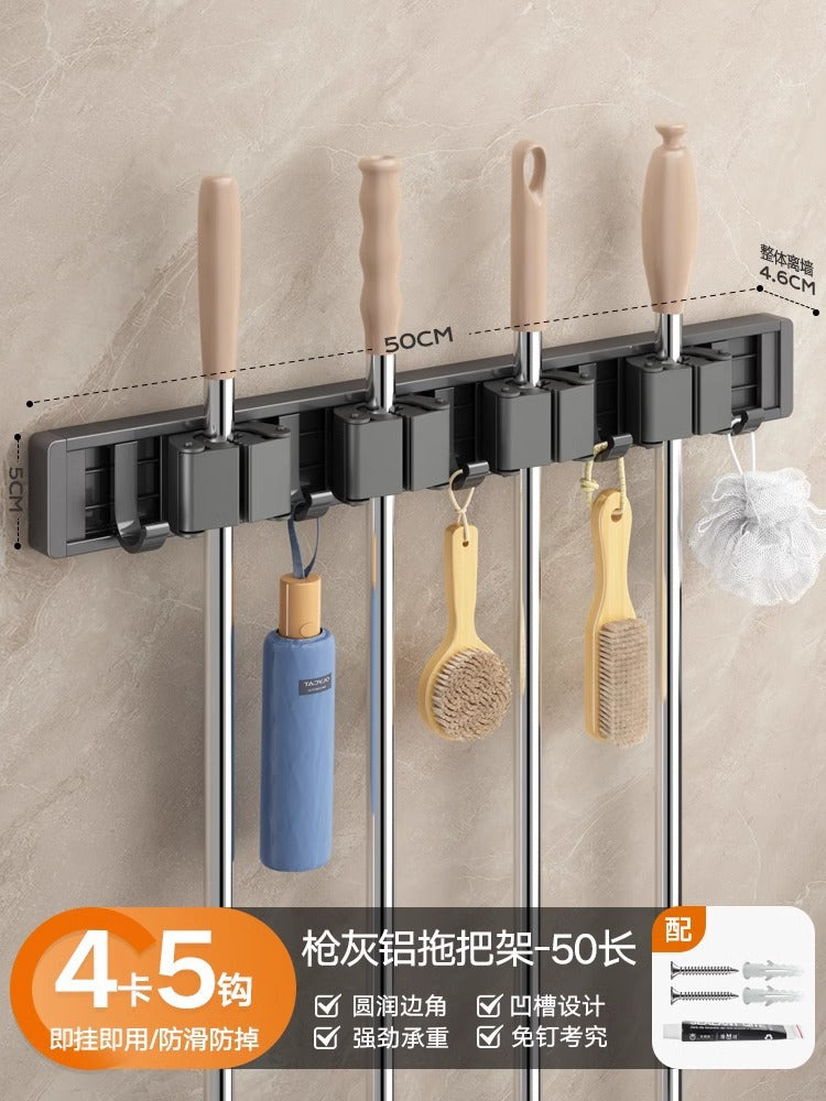 Blue vine mop wall mount clip - no drilling required - bathroom broom holder, mop rack organizer with large hook