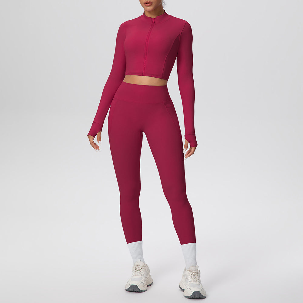 Cropped zip-up yoga set: high-waisted, butt-lifting leggings with pockets - perfect for running, fitness, and casual wear