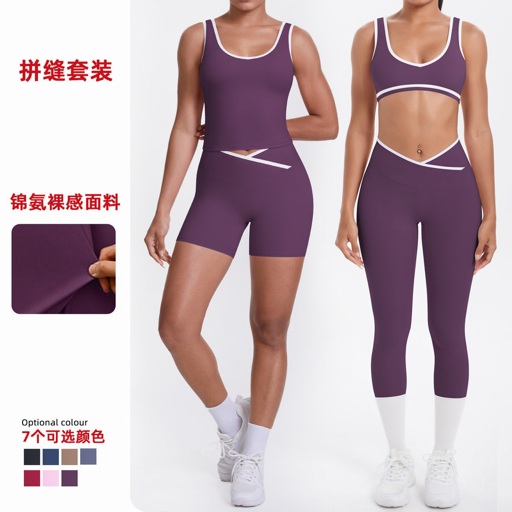 new arrival: double-sided brushed fleece color block compression yoga set - breathable, cross-back design, perfect for running and fitness (two-piece set)