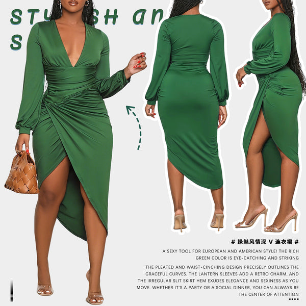 HE089 European and American  women's clothing sexy hip-wrapped deep V waist lantern sleeve pleated split dinner party dress