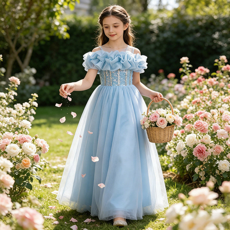 fashion style girl dress long flower girl dress wedding dress catwalk piano performance girl birthday princess dress
