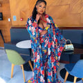 Fashionable digital print loose robe with wide-leg pants, bra, and headscarf 4-piece set - african women's clearance