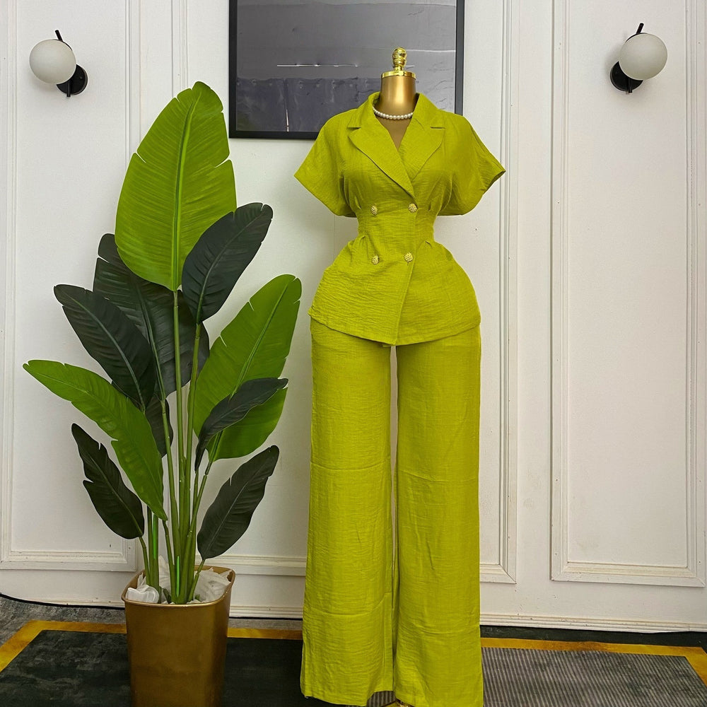 European and american cross-border women's fashion  summer new arrival: elegant turn-down collar, cinched waist, short-sleeve shirt and wide-leg pants casual set