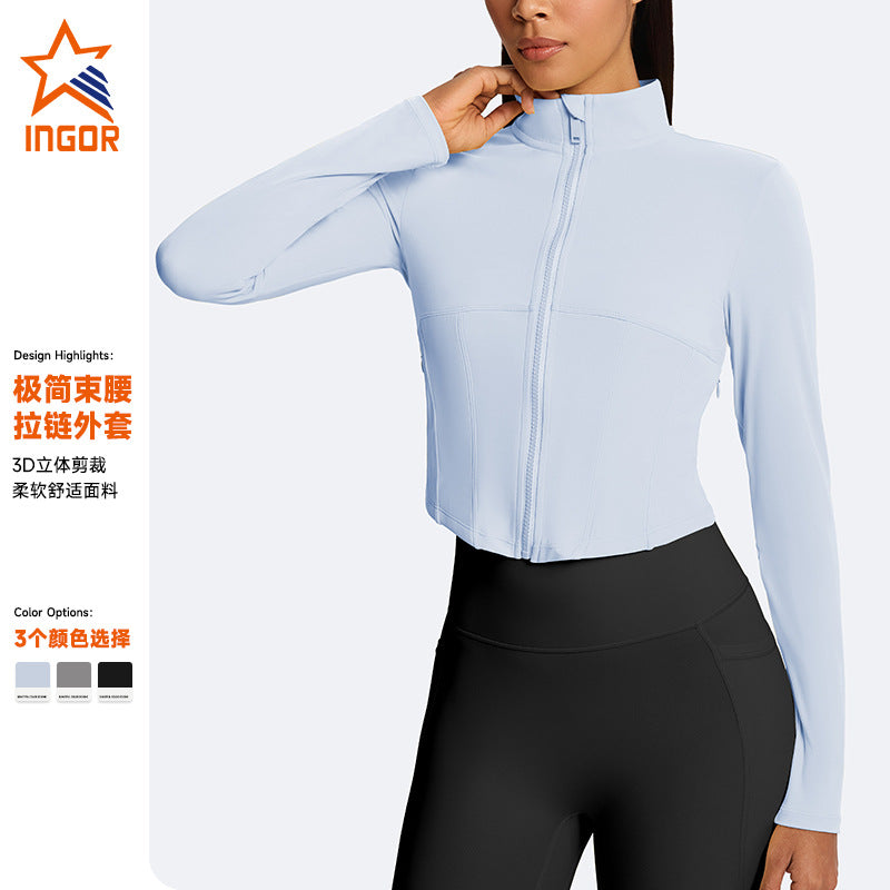 Jinke cross-border yoga outwearshortlong sleeves waist tight tops zipper stand collar sports fitness women