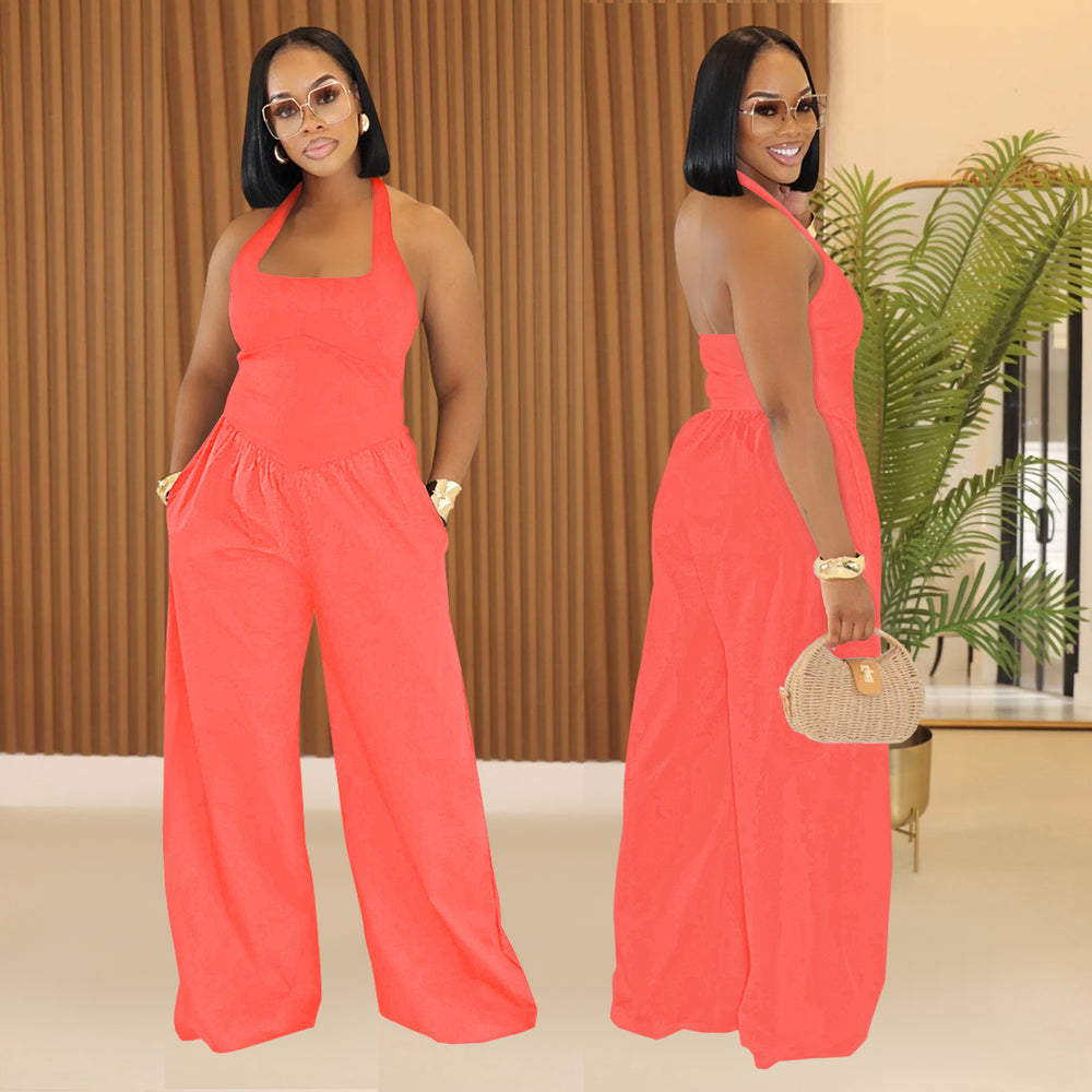 C7390 cross-border   fashion women's casual loose backless halter solid color jumpsuit