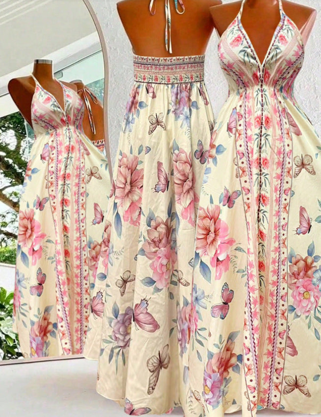 summer fashion casual european and american cross-border spaghetti strap printed v-neck slim-fit in-stock dress - elegant women's apparel