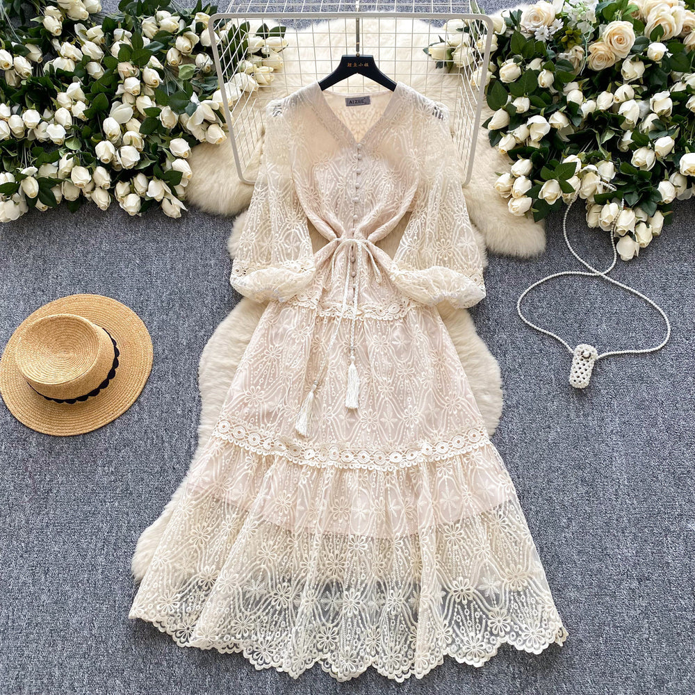 French chic high-end elegant dress - women's premium tie-waist lantern sleeve embroidered mesh a-line midi dress
