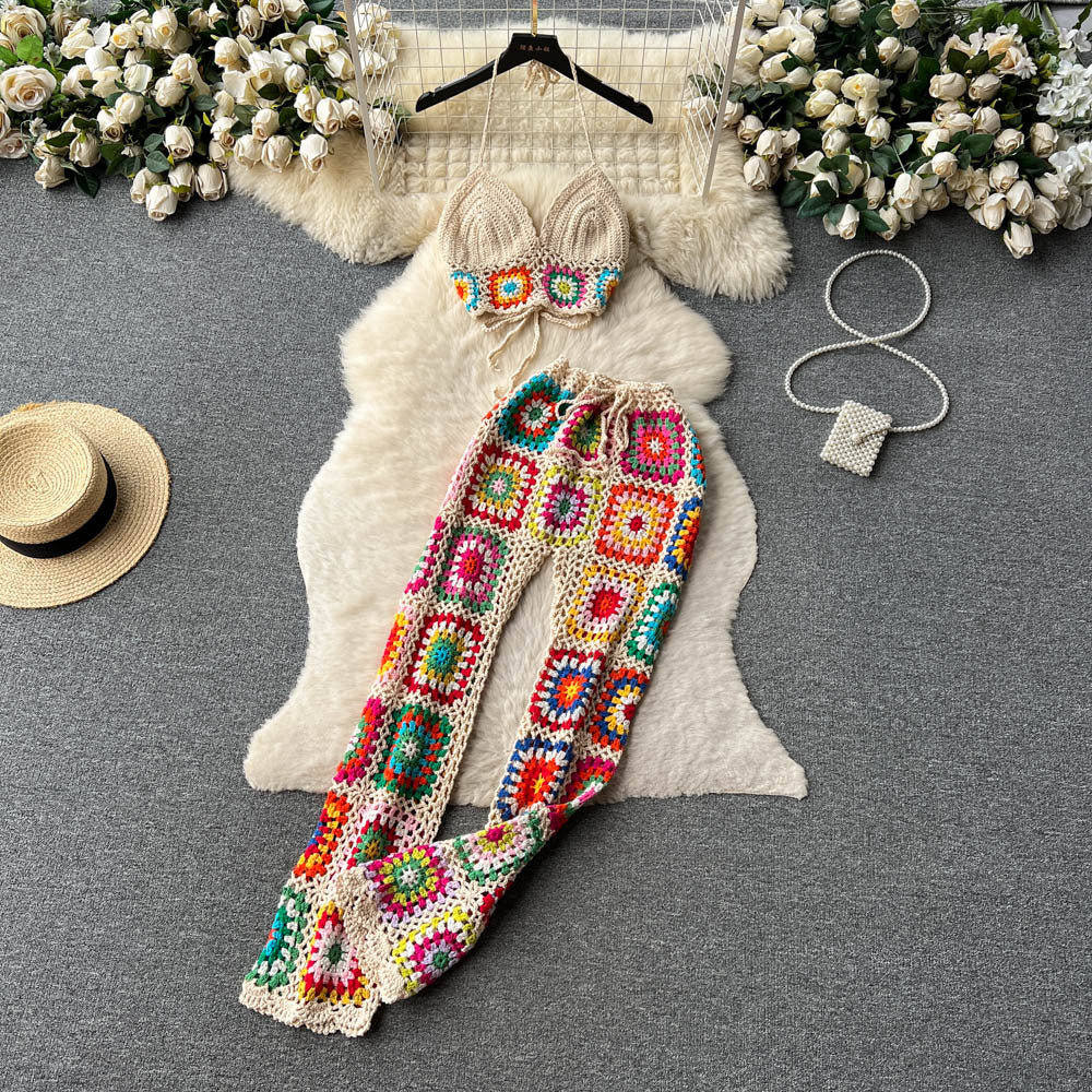 Knitted set women's summer outfit  new heavy crochet camisole top versatile wide-leg pants retro two-piece set