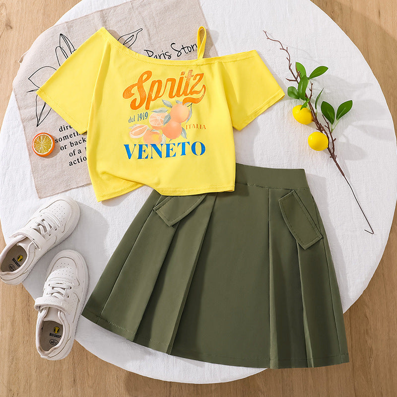 Export children's clothing 26summernew arrivalfashionprinting single-sided suspender off-shoulder short-sleeved tops skirt girlsuit