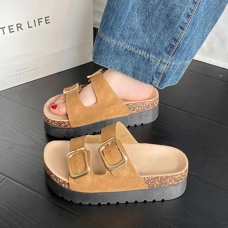platform slides for women, summer outdoor wear, 2025 new birkenstock style, retro height increasing non-slip sandals, women's export