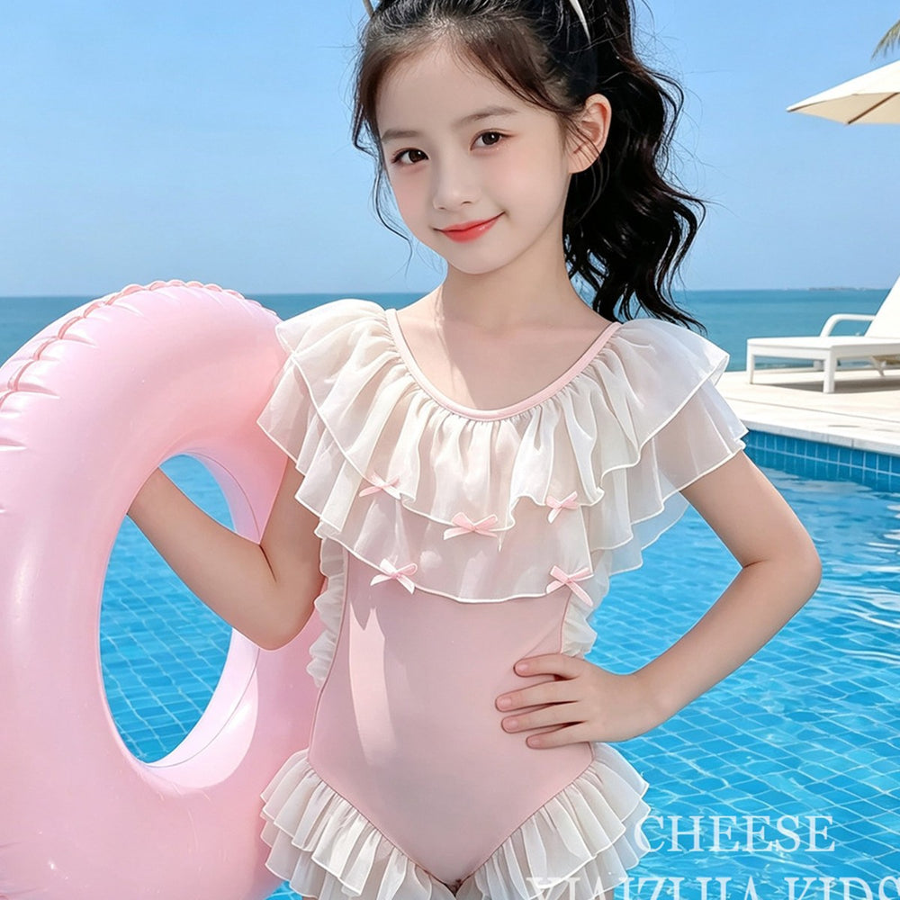 Girls' two-piece swimsuit: kids' double-layer mesh ruffle trim bowknot swimwear for beach vacations, hot springs, and swimming