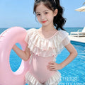 Girls' two-piece swimsuit: kids' double-layer mesh ruffle trim bowknot swimwear for beach vacations, hot springs, and swimming