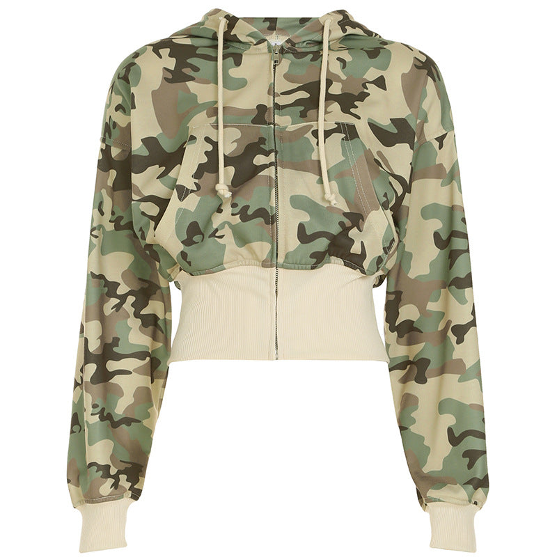 European and American casual style contrasting colors, waist hooded long-sleeved sweatshirt sweatpants two-piece set camouflage cardigan jacket trousers set