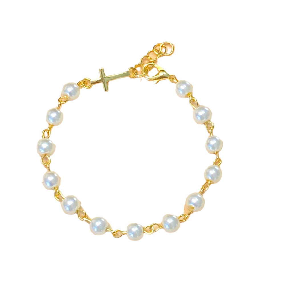 European and american cross-border new arrival: faux pearl beaded cross accent layered bracelet - stainless steel stackable jewelry accessory