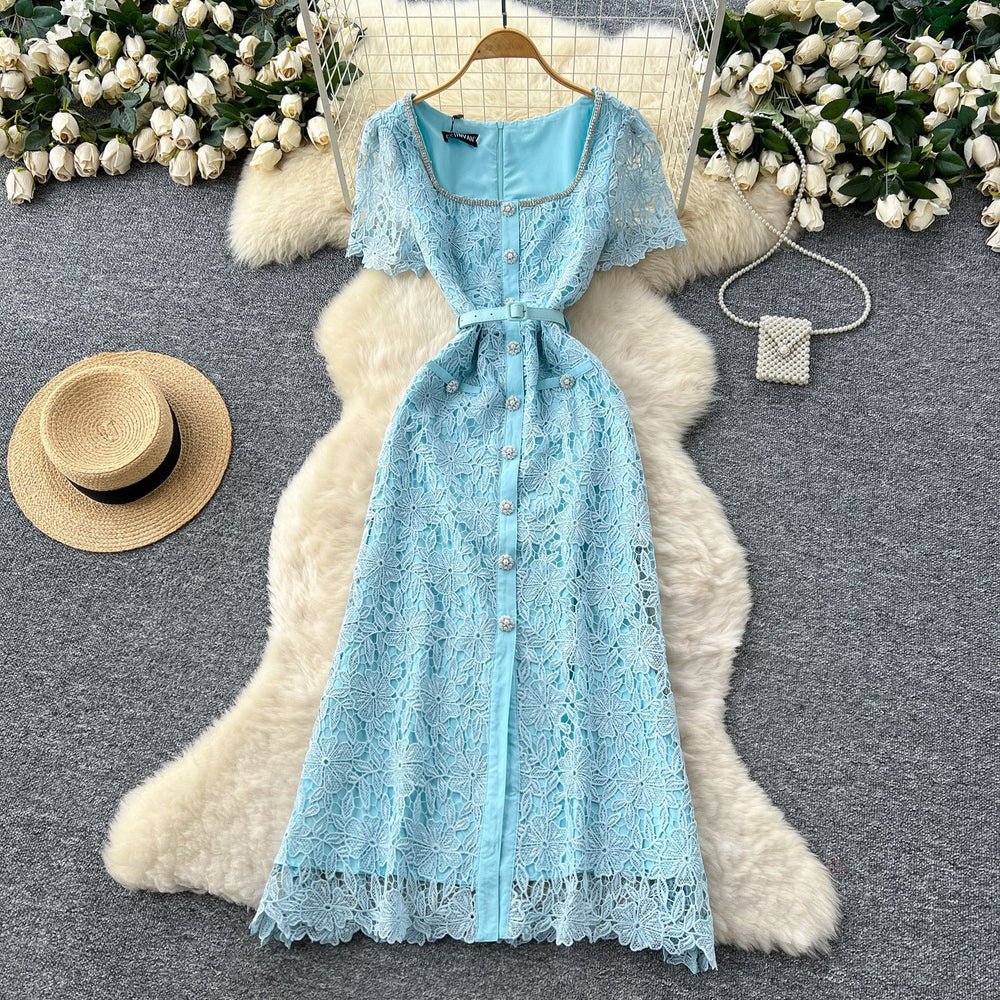 French chic high-end embellished square neck short sleeve lace dress - women's summer slim fit maxi dress