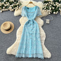 French chic high-end embellished square neck short sleeve lace dress - women's summer slim fit maxi dress