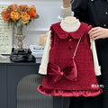【in stock】girls' dress -  winter new arrival: sweet peter pan collar red fleece-lined vest dress, princess style