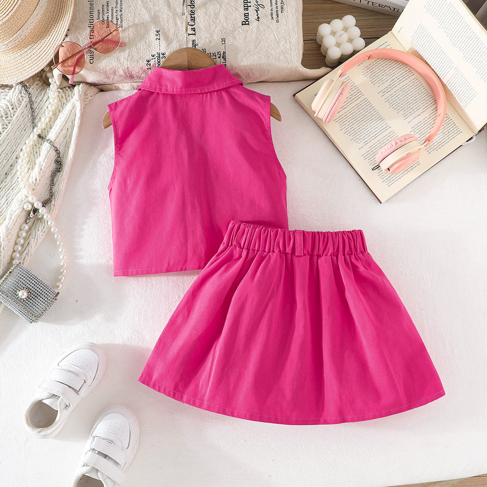 girls' european and american style solid color sleeveless denim top + summer pleated skirt two-piece set - direct from the manufacturer