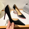 Black, open-sided, red-soled heels, 10cm heel height