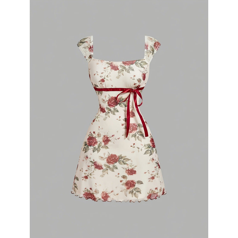 Women's summer french romantic elegant mesh floral print bow detail square neck a-line mini dress