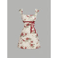 Women's summer french romantic elegant mesh floral print bow detail square neck a-line mini dress