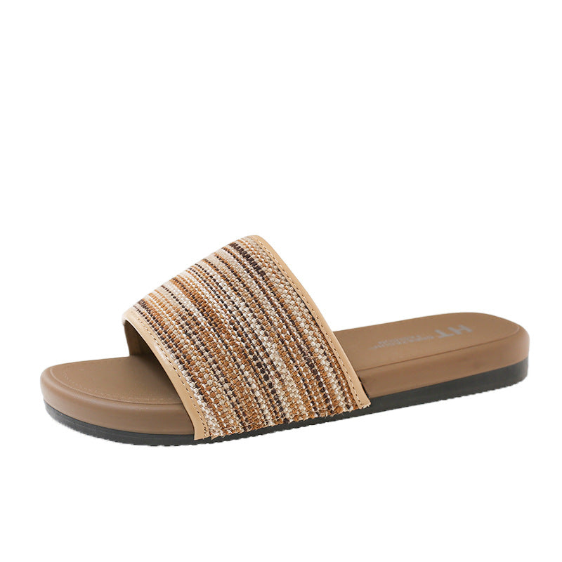 New woven striped thong sandals - summer outdoor wear, flat, non-slip, retro style, fashionable and versatile women's slippers