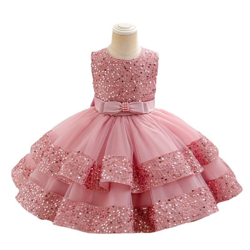 Girls' sequin patchwork round neck vest dress - stylish & customizable baby & toddler birthday & first birthday dress - oem available