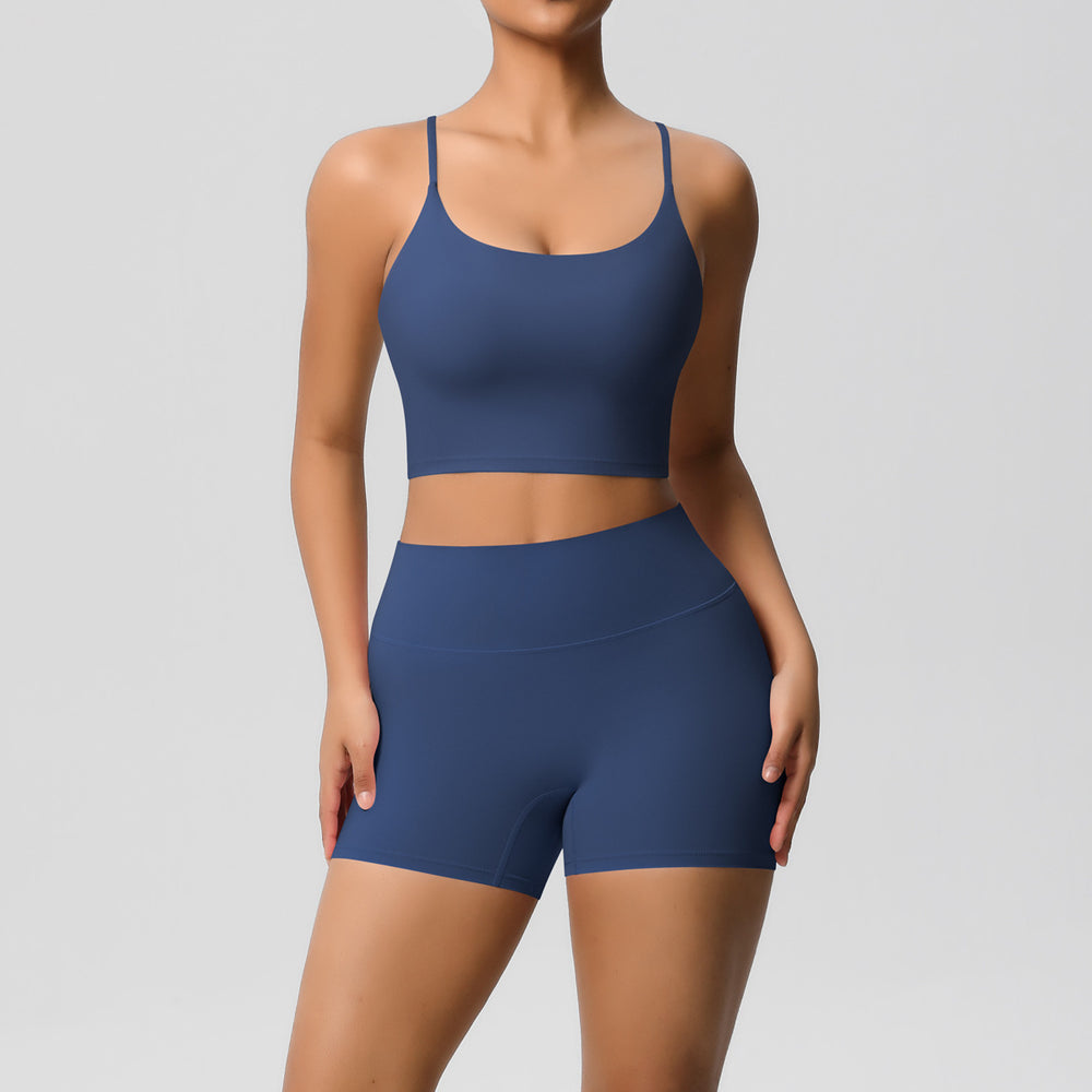 New arrival: cross-border brushed solid color racerback compression breathable yoga set - women's activewear running & fitness shorts set
