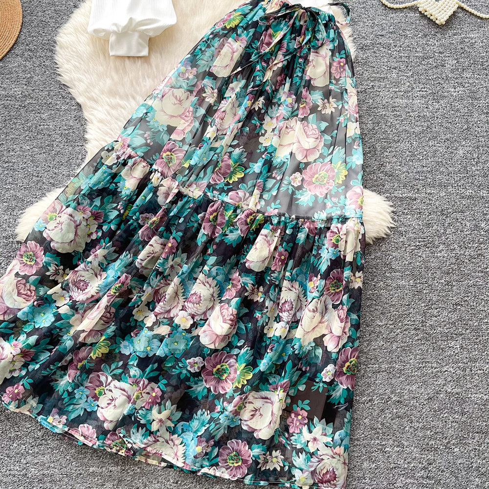 Vacation style whitecut outtopsprinting skirttwo-piece setfemale springautum royal sister outfitelegantsuit skirt