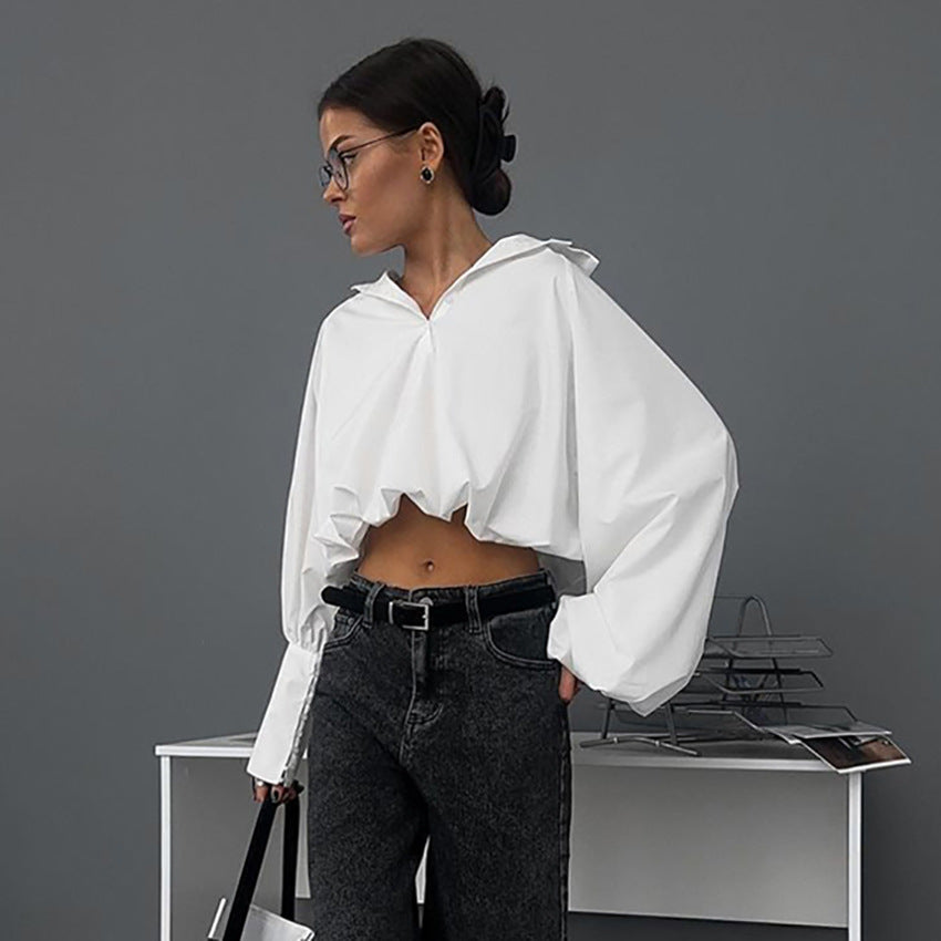 2025 spring and summer European and American white pullover Spice Girl shirt fashion design sense short drape lapel collar POLO shirt women's clothing