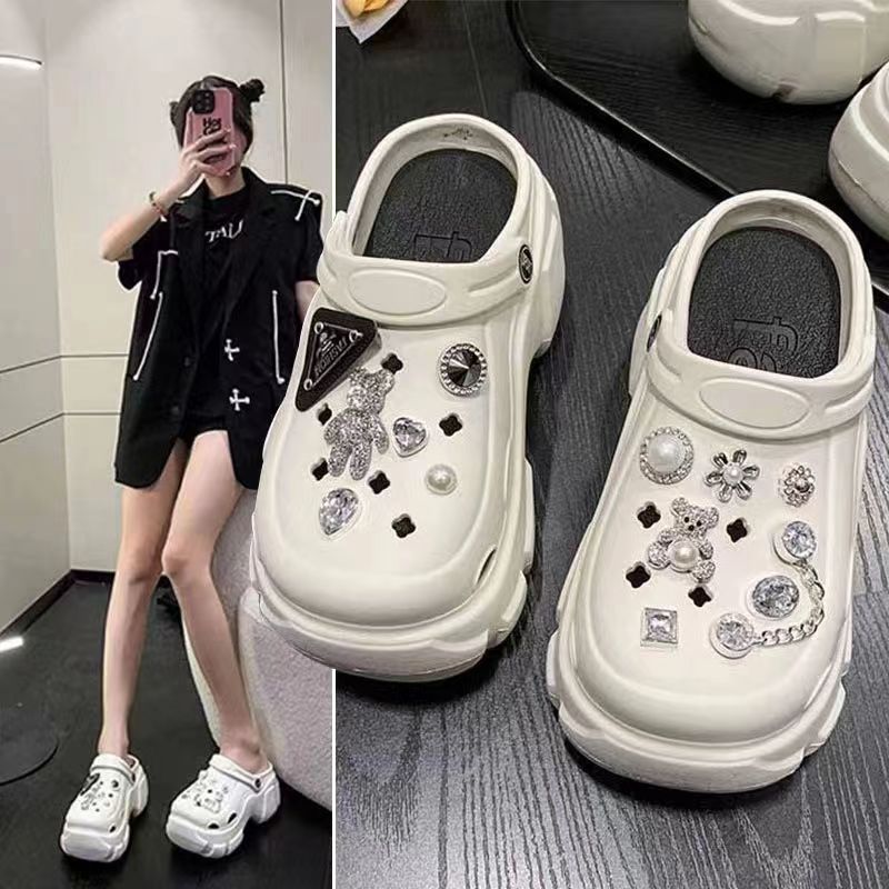 Women's summer outdoor slippers: stylish platform clogs with height boost, cute cartoon bear design, and beach-friendly closed-toe sandals with rhinestone accents