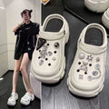 Women's summer outdoor slippers: stylish platform clogs with height boost, cute cartoon bear design, and beach-friendly closed-toe sandals with rhinestone accents