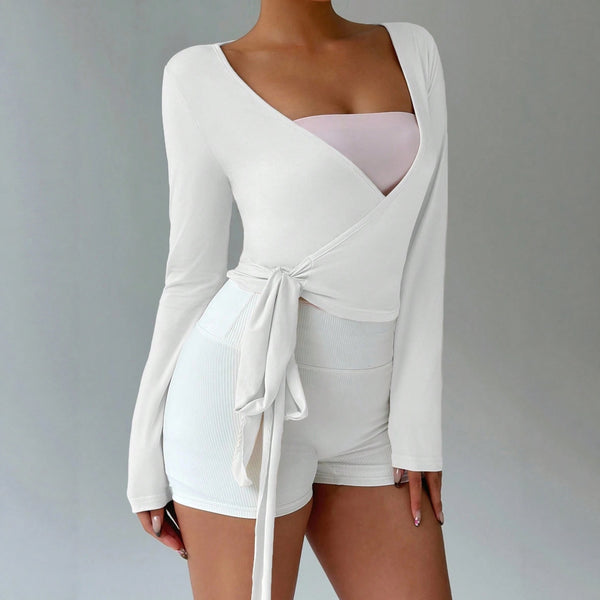 Pre-sale of new soft and high elastic yoga fitness sports wrap V-neck long-sleeved short top elegant and casual