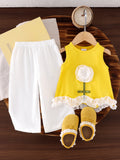 Girls' 3d floral outfit: yellow mesh flower sleeveless tank top & white wide-leg pants - fresh summer style