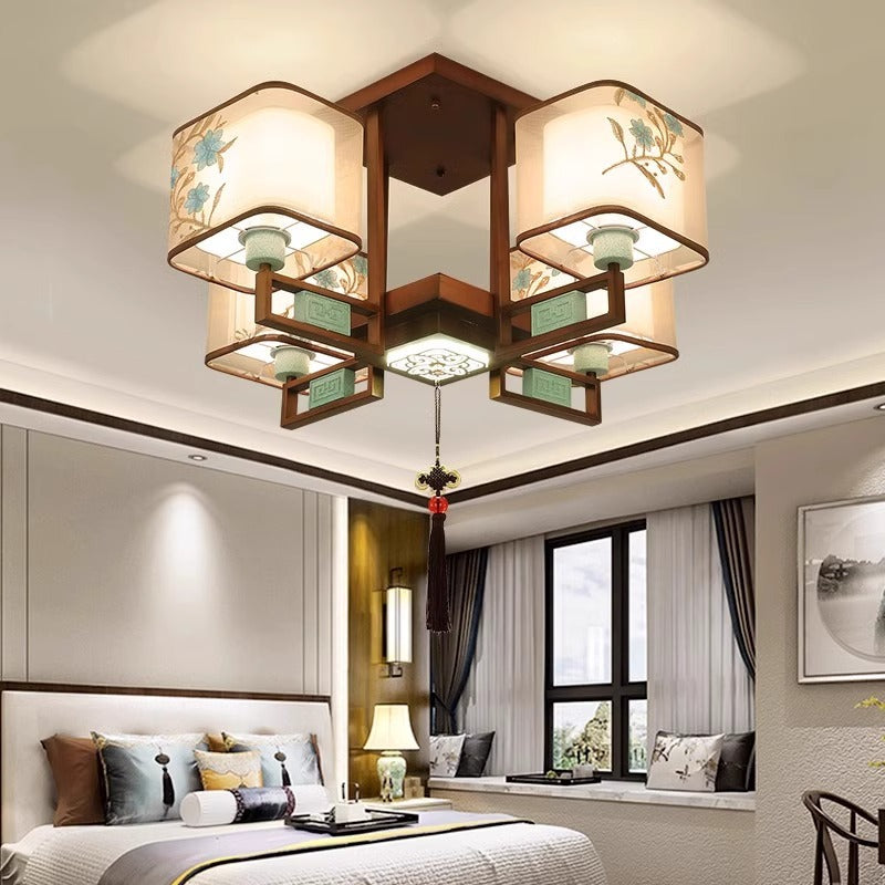 New Chinese style bedroom living room ceiling lamp Chinese style atmosphere Zen dining room box tea room embroidery fabric chandelier