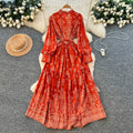 Vintage print ruffle collar tie-waist a-line maxi dress - long sleeve, slimming, and perfect for work