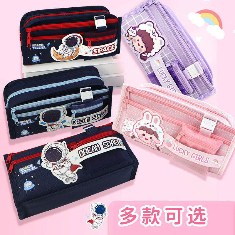 Multifunctional canvas pencil bag ins high value school pencil case multi-layer stationery box  primary school student stationery bag