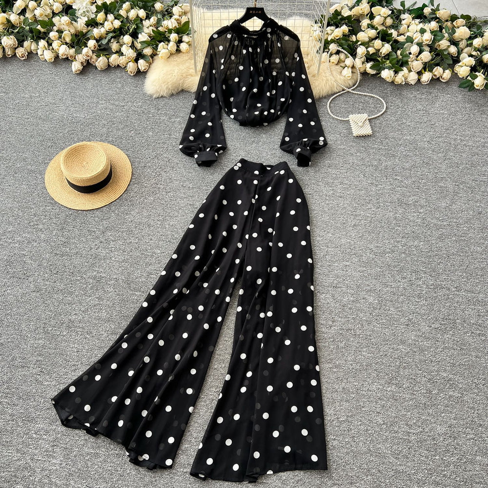 Lightly mature eleganttwo-piece set women's classy sense bows pleated polka dot chiffon topshigh waistloose casual pants