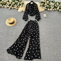 Lightly mature eleganttwo-piece set women's classy sense bows pleated polka dot chiffon topshigh waistloose casual pants