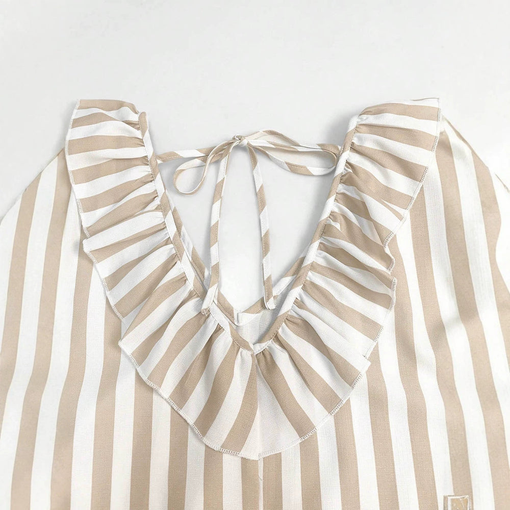 Vacation casual style vertical stripes mid-length skirt v neckrufflespatchworklooseslimming looklong sleeves flowydress