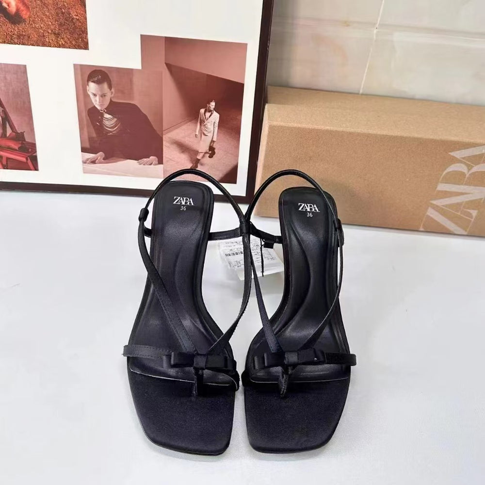Za 2024summernew arrivalbows genuine leather high-heeled sandals women's outwear flip-flops open toe mid-heeled sandals and sandals