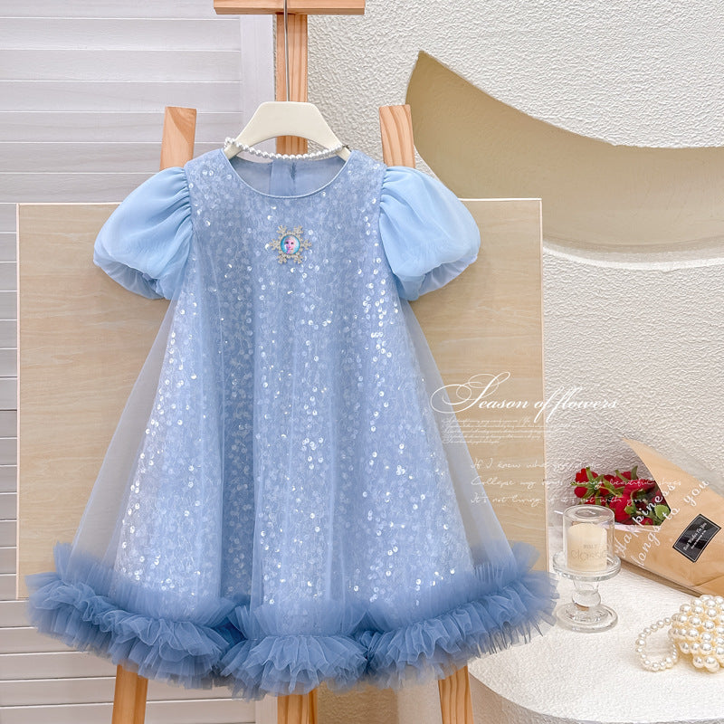 Girls' sleeveless sundress - new summer  collection: mesh "frozen" style dress with puff sleeves - perfect for parties and special occasions